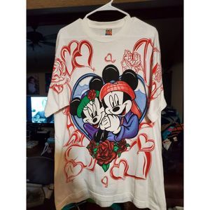 Vintage Disney MICKEY & MINNIE Mouse Big Print Shirt OSFA Hearts 90s Single S